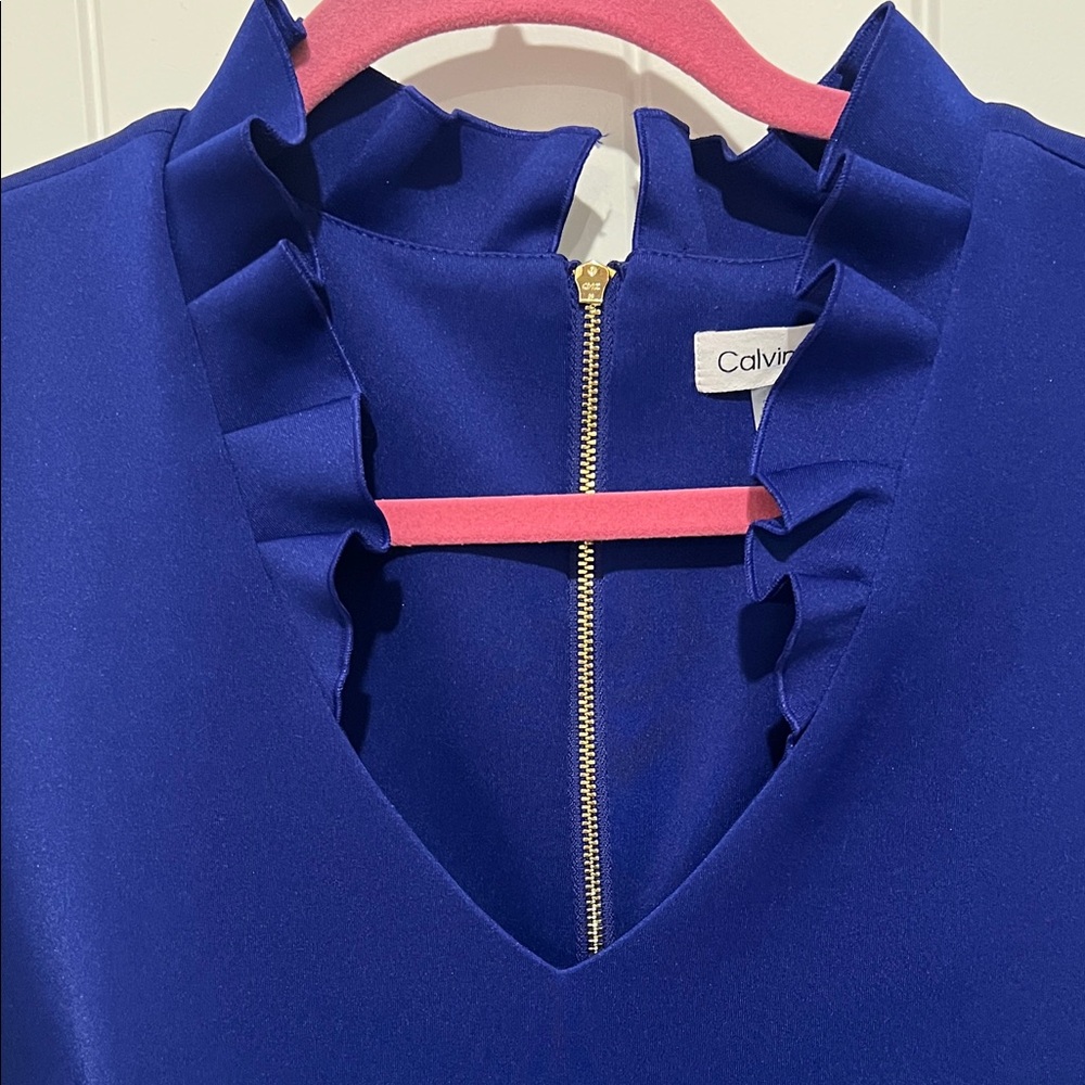 Calvin Klein Women's Navy Ruffle Neck Dress - Picture 6 of 7
